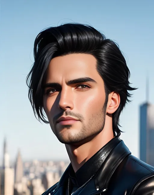 Prompt: photorealistic portrait, a handsome confident man with black hair and gray eyes wearing black leather jacket with long sleeves and black jeans, panorama of the city, perfect composition, detailed face, realistic, super detailed, 8k, high quality, artstation, sharp focus, studio photo, intricate details, highly detailed, by greg rutkowski