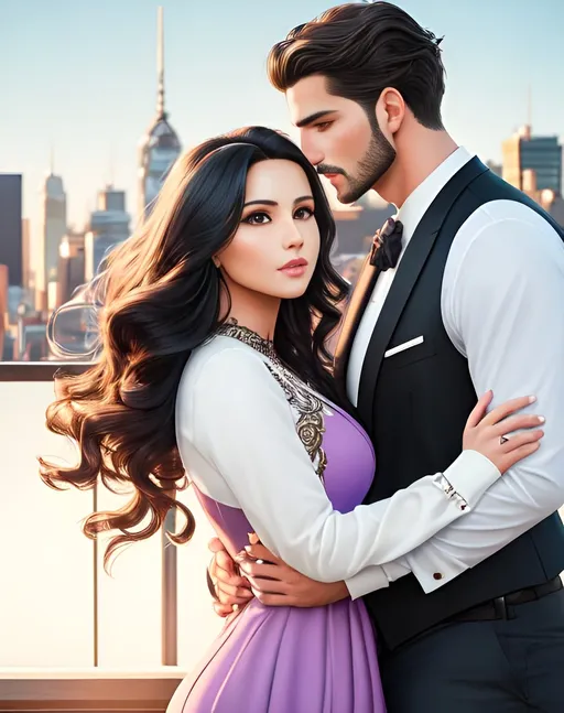 Prompt: photorealistic portrait, a sexual couple of a beautiful girl with long wavy black hair wearing a violet dress and a handsome man with short blonde hair, passion, hot, love, panorama of the city, perfect composition, detailed face, realistic, super detailed, 8k, high quality, artstation, sharp focus, studio photo, intricate details, highly detailed, by greg rutkowski