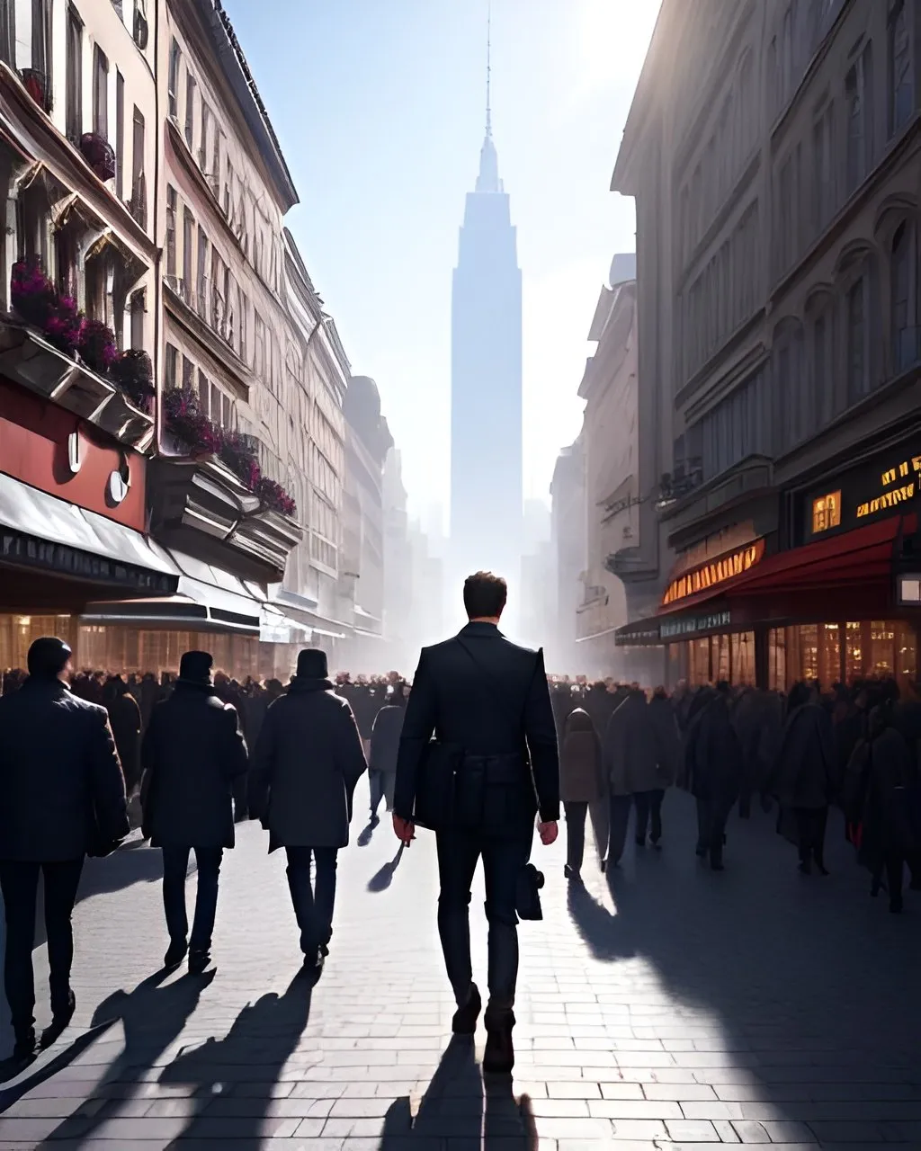 Prompt: photorealistic, unknown man in the blured crowd walking in the city, sun, back, perfect composition, detailed face, realistic, super detailed, 8k, high quality, artstation, sharp focus, studio photo, intricate details, highly detailed, by greg rutkowski