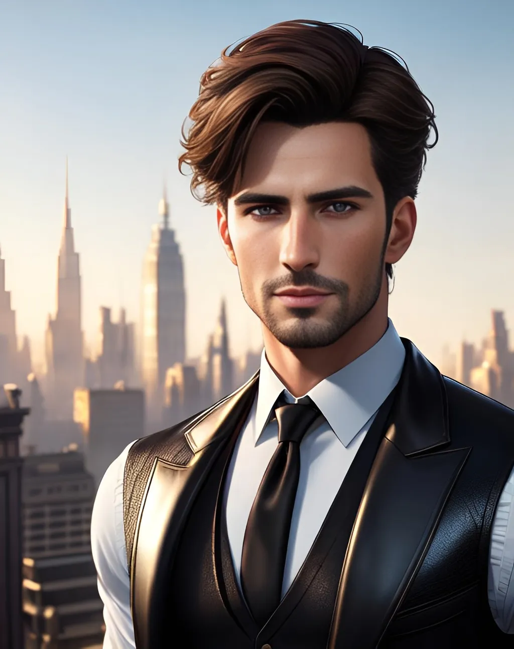 Prompt: photorealistic portrait, an attractive man with brown hair and hazel eyes wearing a black leather waistcoat, panorama of the city, perfect composition, detailed face, realistic, super detailed, 8k, high quality, artstation, sharp focus, studio photo, intricate details, highly detailed, by greg rutkowski