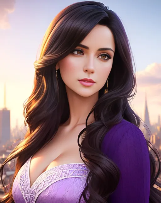 Prompt: photorealistic portrait, a beautiful girl with long wavy black hair wearing a purple dress, a handsome man with short brown hair, passion, hot, love, panorama of the city, perfect composition, detailed face, realistic, super detailed, 8k, high quality, artstation, sharp focus, studio photo, intricate details, highly detailed, by greg rutkowski