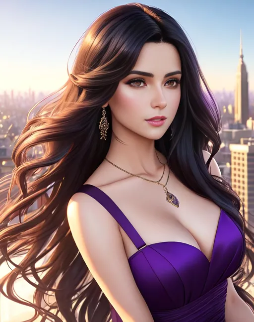 Prompt: photorealistic portrait, a beautiful girl with long wavy black hair wearing a purple dress, a handsome man with short brown hair, passion, hot, love, panorama of the city, perfect composition, detailed face, realistic, super detailed, 8k, high quality, artstation, sharp focus, studio photo, intricate details, highly detailed, by greg rutkowski