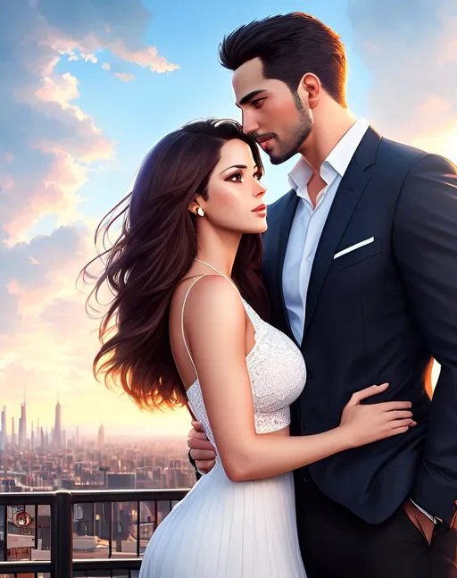 Prompt: photorealistic portrait, a sexual and confident couple in love of a man and a girl, hot, passion, panorama of the city, perfect composition, detailed face, realistic, super detailed, 8k, high quality, artstation, sharp focus, studio photo, intricate details, highly detailed, by greg rutkowski