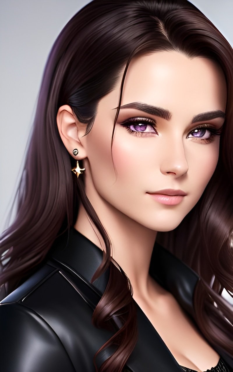 Prompt: photorealistic portrait of a couple of a confident man with short brown hair with piercing eyes in a black jacket and a beautiful girl with long wavy brown hair with piercing eyes in a violet dress, perfect composition, detailed face, realistic, super detailed, 8k, high quality, artstation, sharp focus, studio photo, intricate details, highly detailed, by greg rutkowski