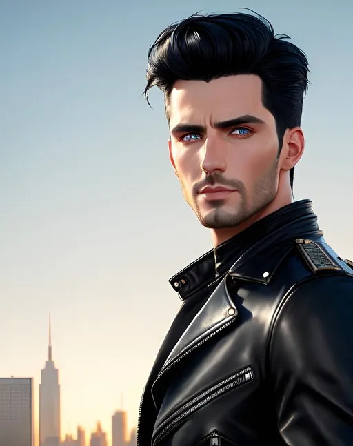 Prompt: photorealistic portrait, an attractive man with black hair and blue eyes wearing a leather jacket, panorama of the city, perfect composition, detailed face, realistic, super detailed, 8k, high quality, artstation, sharp focus, studio photo, intricate details, highly detailed, by greg rutkowski