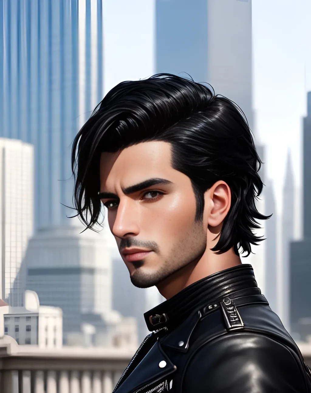 Prompt: photorealistic portrait, an attractive man with black hair and gray eyes wearing a black chocker and a black leather jacket with quarter sleeves, panorama of the city, perfect composition, detailed face, realistic, super detailed, 8k, high quality, artstation, sharp focus, studio photo, intricate details, highly detailed, by greg rutkowski