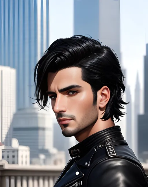 Prompt: photorealistic portrait, an attractive man with black hair and gray eyes wearing a black chocker and a black leather jacket with quarter sleeves, panorama of the city, perfect composition, detailed face, realistic, super detailed, 8k, high quality, artstation, sharp focus, studio photo, intricate details, highly detailed, by greg rutkowski