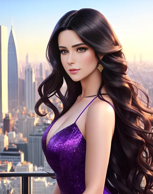 Prompt: photorealistic portrait, a beautiful girl with long wavy black hair wearing a purple dress, a handsome man with short brown hair, passion, hot, love, panorama of the city, perfect composition, detailed face, realistic, super detailed, 8k, high quality, artstation, sharp focus, studio photo, intricate details, highly detailed, by greg rutkowski