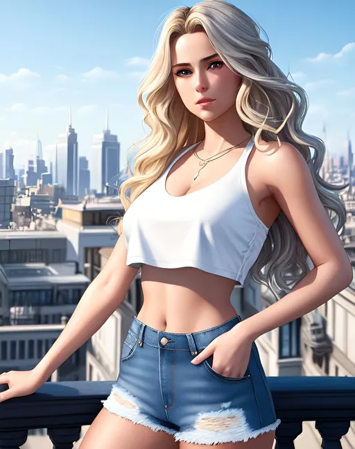 Prompt: photorealistic portrait, an attractive girl with blonde wavy hair and gray eyes wearing a white crop top and blue denim shorts, panorama of the city, perfect composition, detailed face, realistic, super detailed, 8k, high quality, artstation, sharp focus, studio photo, intricate details, highly detailed, by greg rutkowski