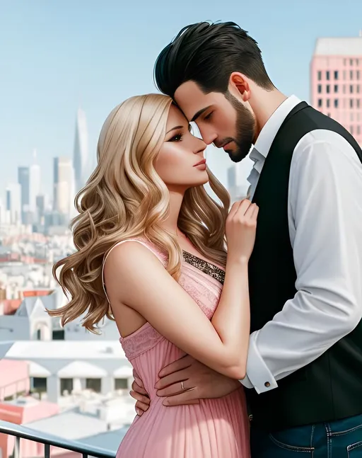 Prompt: photorealistic portrait, a sexual couple of a beautiful girl with long wavy blonde hair in a pink dress and a handsome man with short black hair, passion, hot, love, panorama of the city, perfect composition, detailed face, realistic, super detailed, 8k, high quality, artstation, sharp focus, studio photo, intricate details, highly detailed, by greg rutkowski