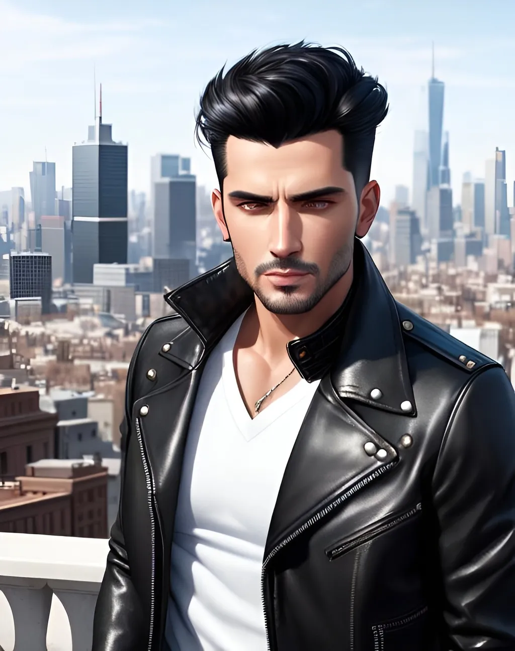 Prompt: photorealistic portrait, an attractive man with black hair and gray eyes wearing a leather jacket, panorama of the city, perfect composition, detailed face, realistic, super detailed, 8k, high quality, artstation, sharp focus, studio photo, intricate details, highly detailed, by greg rutkowski