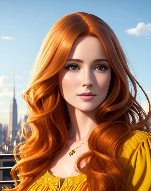 Prompt: photorealistic portrait, a couple of a beautiful girl with long wavy ginger hair wearing a yellow dress and a handsome man with short brown hair, passion, hot, love, panorama of the city, perfect composition, detailed face, realistic, super detailed, 8k, high quality, artstation, sharp focus, studio photo, intricate details, highly detailed, by greg rutkowski