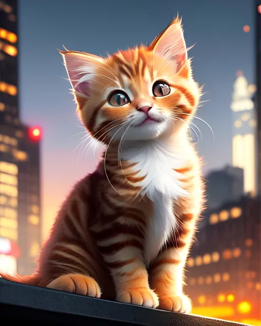 Prompt: photorealistic, ginger kitten looking up, busy night city, perfect composition, detailed face, realistic, super detailed, 8k, high quality, artstation, sharp focus, studio photo, intricate details, highly detailed, by greg rutkowski
