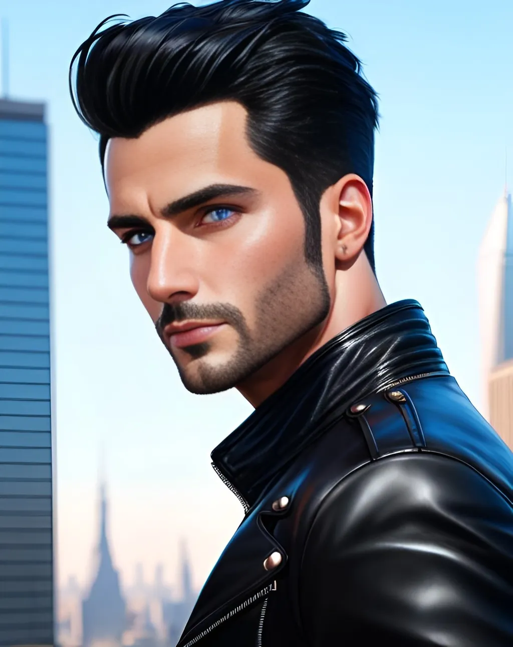 Prompt: photorealistic portrait, an attractive man with black hair and blue eyes wearing a leather jacket, panorama of the city, perfect composition, detailed face, realistic, super detailed, 8k, high quality, artstation, sharp focus, studio photo, intricate details, highly detailed, by greg rutkowski