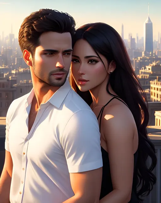Prompt: photorealistic portrait, a sexual and confident couple in love of a man and a girl, hot, passion, panorama of the city, perfect composition, detailed face, realistic, super detailed, 8k, high quality, artstation, sharp focus, studio photo, intricate details, highly detailed, by greg rutkowski