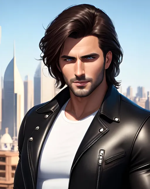Prompt: photorealistic portrait, a handsome confident man with chocolate hair and brown eyes wearing black leather waistcoat and a white t-shirt and black jeans, panorama of the city, perfect composition, detailed face, realistic, super detailed, 8k, high quality, artstation, sharp focus, studio photo, intricate details, highly detailed, by greg rutkowski