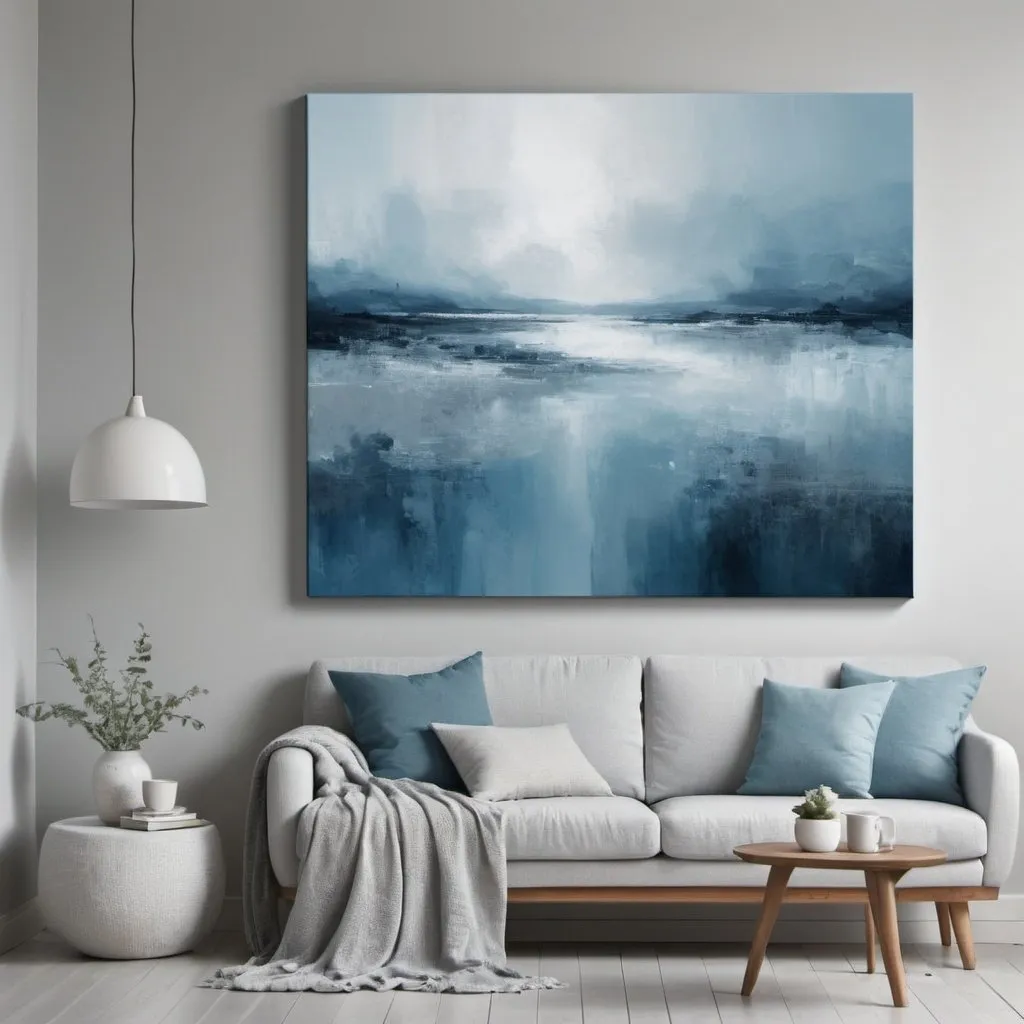 Prompt: Create a calm abstract image using cool tones of blues and grays for a large canvas. Take inspiration from nature. 