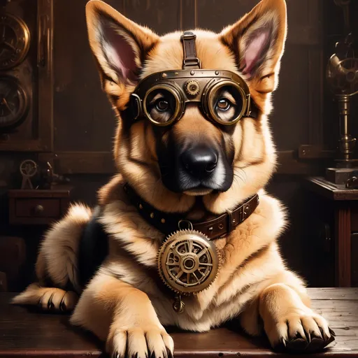 Prompt: Steampunk illustration of a majestic German shepherd puppy, rich brown and gold tones, industrial Victorian setting, vintage goggles and leather accessories, detailed fur with rustic textures, curious and friendly expression, antique brass collar with intricate gears, warm and moody lighting, best quality, highres, ultra-detailed, steampunk, majestic puppy, vintage industrial, detailed fur, friendly expression, rustic textures, antique brass, warm lighting