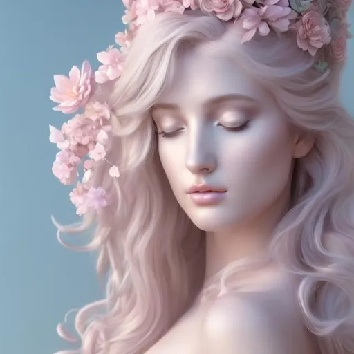 Prompt: Ethereal Greek goddess of spring, pastel pink hair, HD 4k 3D, hyper realistic, professional modeling, soft pastel colors, ethereal, goddess, spring, detailed floral elements, professional, realistic, highres, 4k, 3D modeling, pastel pink hair, radiant, soft lighting