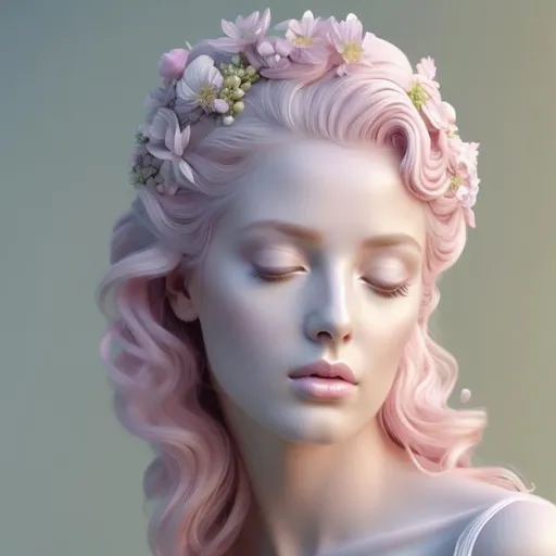 Prompt: Ethereal Greek goddess of spring, pastel pink hair, HD 4k 3D, hyper realistic, professional modeling, soft pastel colors, ethereal, goddess, spring, detailed floral elements, professional, realistic, highres, 4k, 3D modeling, pastel pink hair, radiant, soft lighting