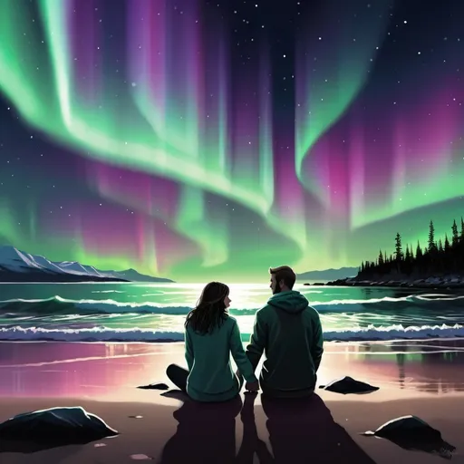 Prompt: Digital art of a couple sitting on a beach at night holding hands while looking at the northern lights