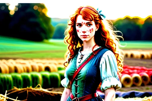 Prompt: Dungeons and dragons character, full body picture, 30 year old woman with curly strawberry blonde hair, freckles, hazel eyes, slender figure, rabbit at her feet, field of hay, early morning, realistic, Renaissance style