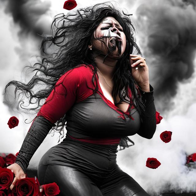 Prompt: Black thick smoke rising up trying to pull woman back in. The realistic woman being on Latino full figure thick thighs. The woman is crying with tears praying trying to break free off darkness. Black and red roses wrapped on her arms trying to pull her back in. Baby crying and money rising from the clouds. 