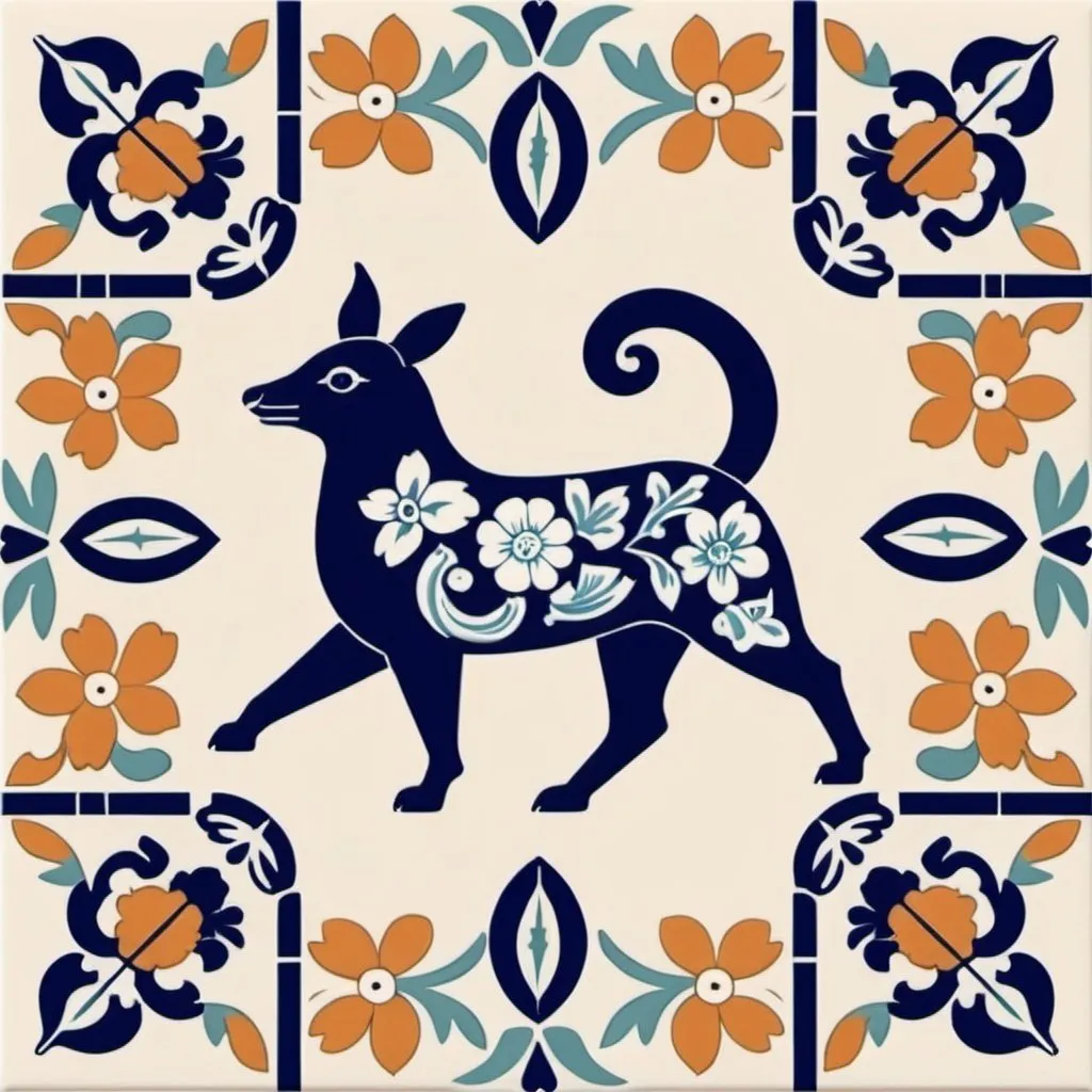 Prompt: minimalist lisbon tile design with animal and flowers

