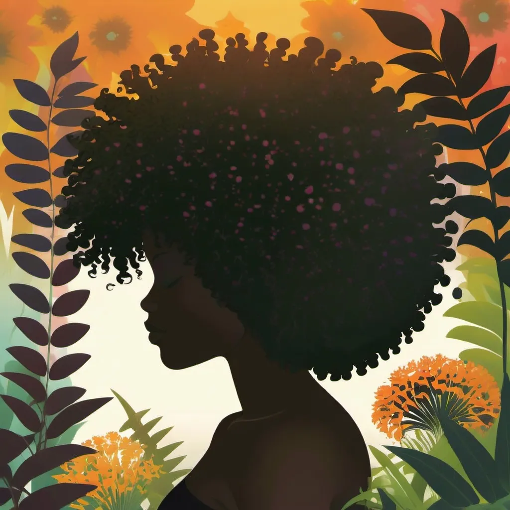 Prompt: Large Curly afro head silhoutte surrounded by colorful flowers and plants found in a fantasy garden. Has a dream like background scheme. Afro is big and takes up most of image about 75 %. Afro is actual focal point of image. Don't include body. 