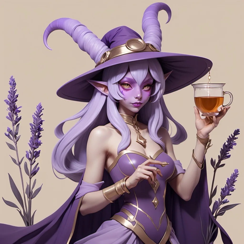 Prompt: soraka witch in lavander tea color palette