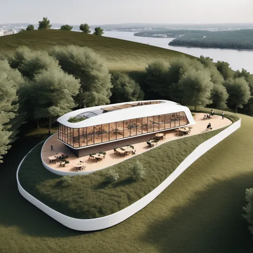 Prompt: coworking space on a hill that inspired by a boat and marking the landscape on hill
