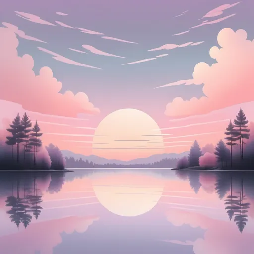 Prompt: Create an aesthetic scene by combining "sunset over a calm lake with soft pastel colors, cotton candy clouds, and a mirror-like reflection on the water." The overall mood is tranquil and dreamy, with subtle gradients of pink, lavender, and peach blending seamlessly into the sky. Surround the lake with silhouettes of minimalist trees and gentle ripples in the water to enhance the peaceful vibe. The scene should feel serene and ethereal, capturing the essence of a quiet, reflective moment at the end of the day.