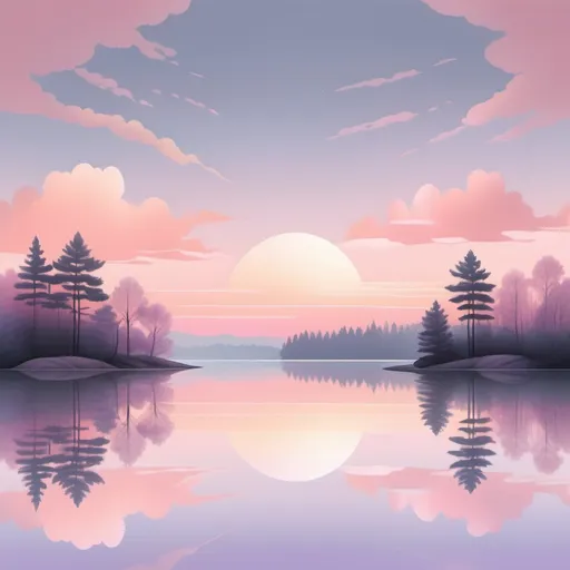 Prompt: Create an aesthetic scene by combining "sunset over a calm lake with soft pastel colors, cotton candy clouds, and a mirror-like reflection on the water." The overall mood is tranquil and dreamy, with subtle gradients of pink, lavender, and peach blending seamlessly into the sky. Surround the lake with silhouettes of minimalist trees and gentle ripples in the water to enhance the peaceful vibe. The scene should feel serene and ethereal, capturing the essence of a quiet, reflective moment at the end of the day.