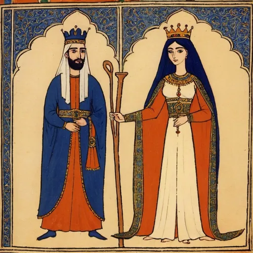 Prompt: Early medieval painting of a man king and queen. i want layla and majnun yknow the story of the middle eastern lovers? it’s one guy and one girl. dont have them in an embrace please. no crowns. make it look more middle eastern. 