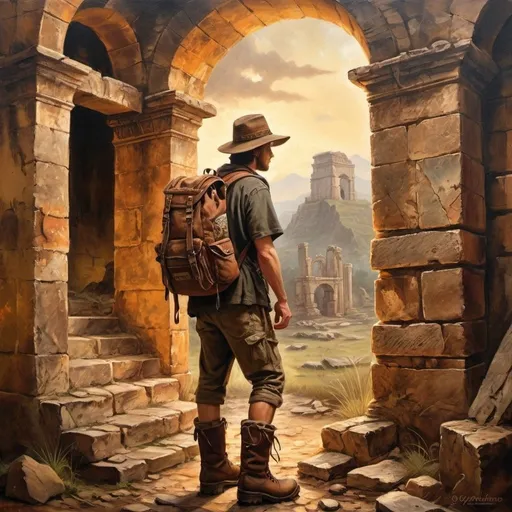 Prompt: World traveler exploring ancient ruins, oil painting, weathered backpack and map, adventurer's hat, rugged boots, warm and earthy tones, dramatic lighting, high quality, oil painting, ancient ruins, adventurous spirit, detailed clothing, atmospheric lighting