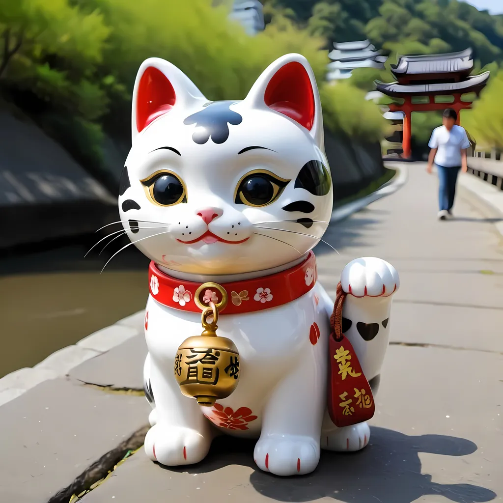 Prompt: A little Maneki Neko kitten with a lucky collar bell ringing follows eight year old toda down the Kamo river path