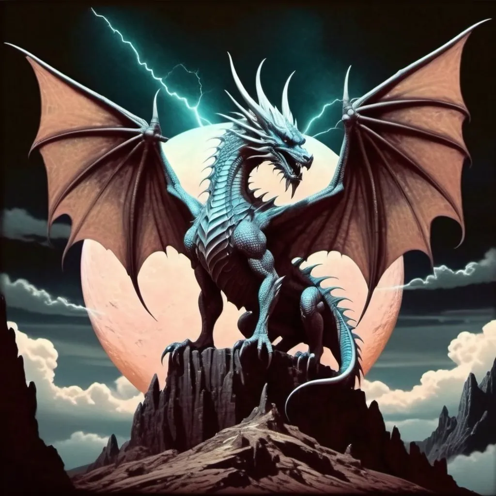 Prompt: An ancient four winged dragon with a slender body and blue lightning engraved scales, sharp tale