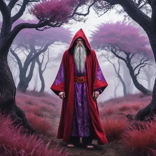 Prompt: Evil wizard, detailed red robe with magic patterns, far away shot with large background, background with twisted trees and purple grass, dimmly lit, foggy and misty ground.