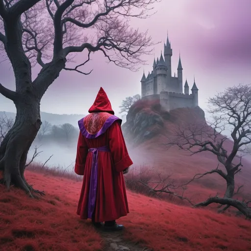 Prompt: Evil wizard, detailed fully red red robe with magic patterns, facing away, far away shot with large background, background with very twisted trees with no leaves and vivid purple grass, dimmly lit, foggy and misty ground. Castle in the background on a hillside 
