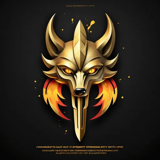 Prompt: (Party Flyer), a golden trident with vibrant (fire) on the opposite side, dark textured background, contrasting colors create dynamic visual appeal, modern design layout, enticing call to action, bold typography, high-resolution graphic, deep shadows for a dramatic effect, energetic nightlife vibe, professionally crafted, eye-catching elements. do half gold trident, half wolf face