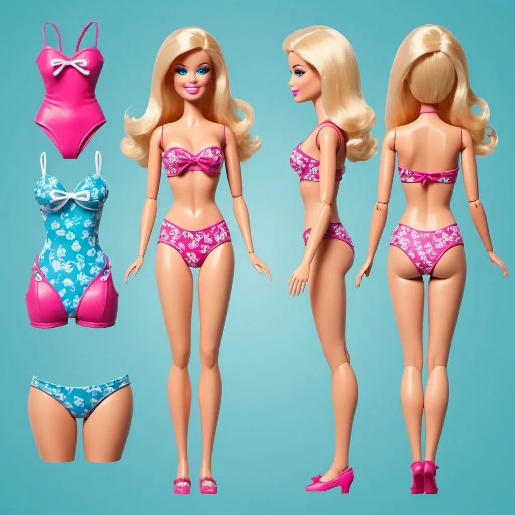 Prompt: 2d flat art, Barbie wearing bathing suit,  ready o print and cut, for dress up