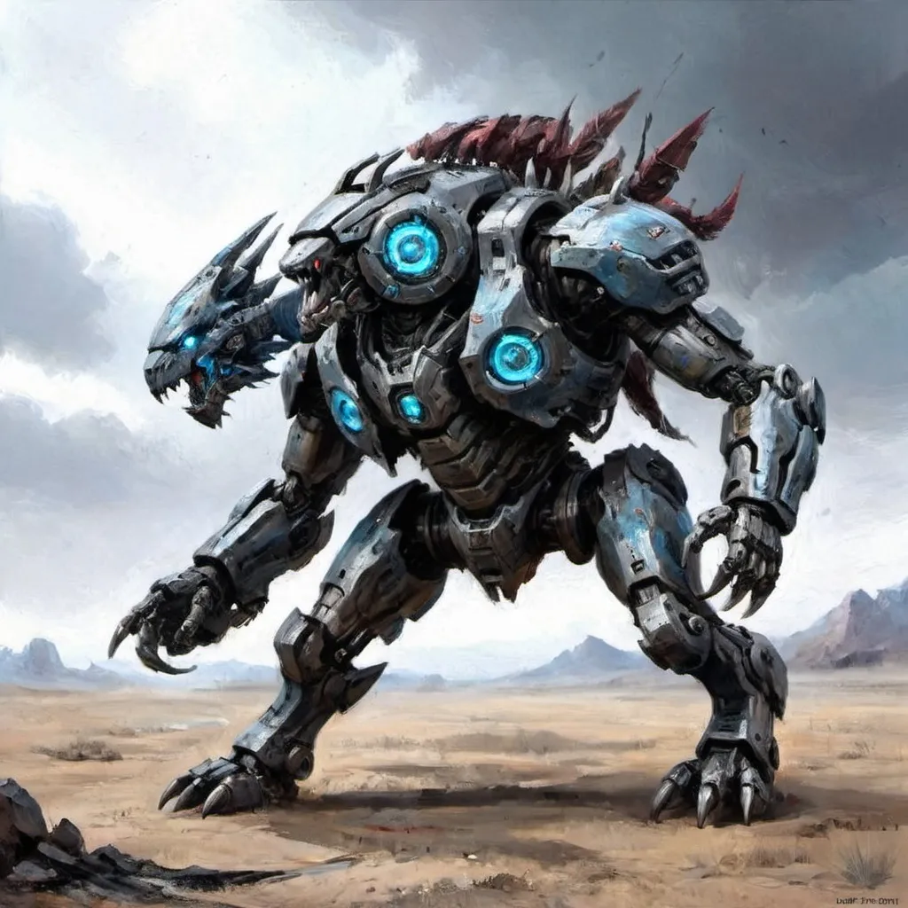 Prompt: Create a detailed fan art illustration of a futuristic, robotic beast inspired by a heavily armored, war machine. The creature should have a menacing, mechanical appearance with intricate armor plating, glowing blue energy cores, and advanced weaponry integrated into its design. The environment around the creature should be a post-apocalyptic battlefield with smoke, debris, and ruined structures in the background. The art style should emphasize dramatic lighting, high contrast, and a sense of immense scale and power.