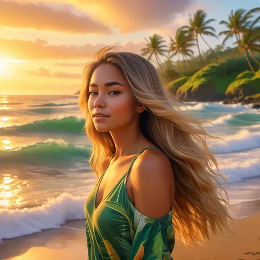 Prompt: Aloha island girl, (scenic beauty), (vibrant tropical colors), breathtaking waves crashing, lush green backdrop, soft golden sunset, serene atmosphere, she stands with flowing hair, casual beach attire, gazing insightfully at the horizon, feeling the ocean breeze, peaceful and joyful expression, high detail, 4K quality, perfect for love vibes theme.