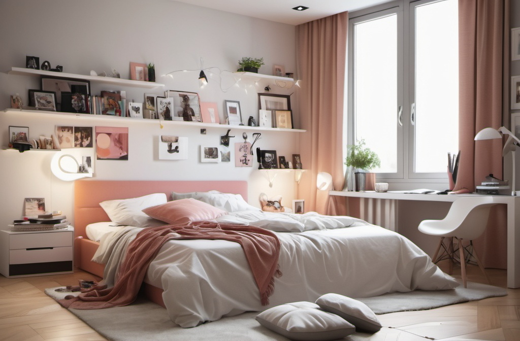 Prompt: modern style bedroom for a young woman, bed is messy, 