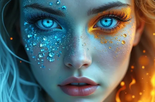 Prompt: a woman with blue eyes and fire around and on her face is shown in this artistic photo of a woman with blue eyes and fire around and on her face, Dirk Crabeth, fantasy art, epic fantasy character art, computer graphics, Fractal split image composition, woman's face, with two split faces, azure and amber, split toning, frost/fire, realistic hyper-detailed