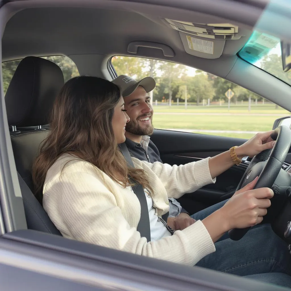 Prompt: a couple in beb ready  to wake up to prepare breakfast together kiss each other and ready for work drive a nice car