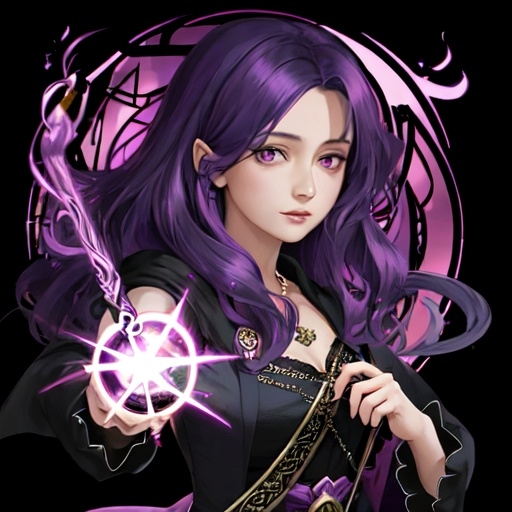 Prompt: a woman with purple hair and a black dress is holding a wand and a spell book in her hand and a black background, Aya Goda, rococo, official art, a character portrait