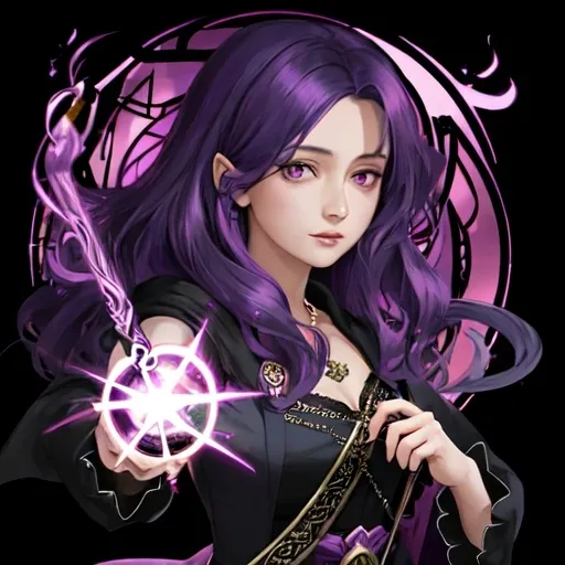 Prompt: a woman with purple hair and a black dress is holding a wand and a spell book in her hand and a black background, Aya Goda, rococo, official art, a character portrait