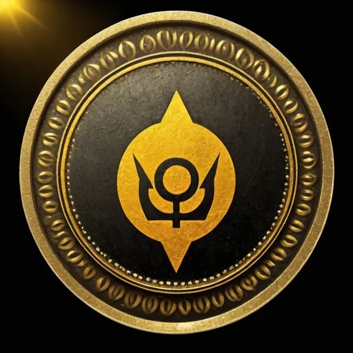 Prompt: old gold coin with MA symbol and golden aura, black background