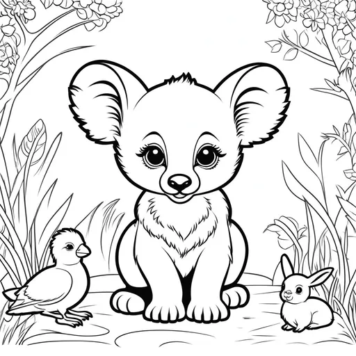 Prompt: B&W coloring book page,  line art, solid white background, baby animals